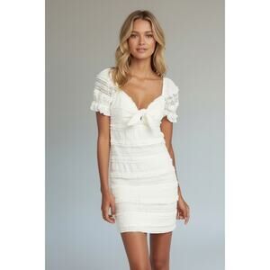 Show Me Your MuMu White Lace Mini Dress Tiered Ruffle Tie Front Puff Sleeve Boho